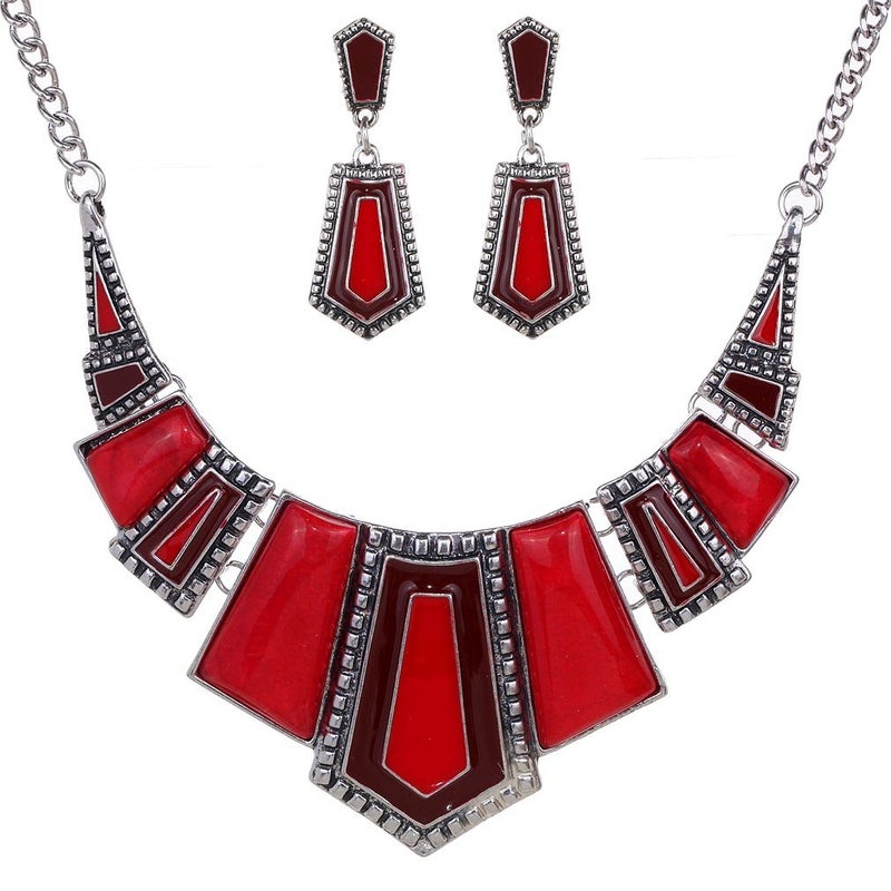 YAZILIND Vintage Ethnic Tibetan Silver Irregular Rhinestone Bib Collar Earrings Necklace Jewelry Set (Red) - Image 1